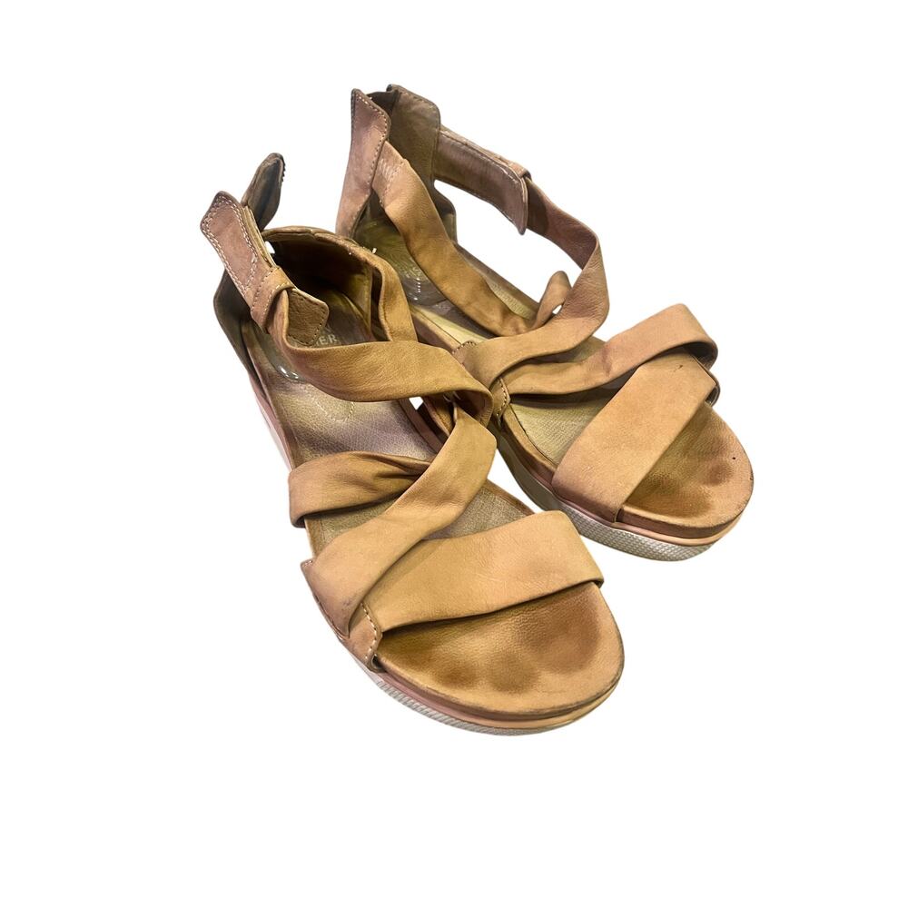 Eileen Fisher Leather Sandals Size‎ 7 Tan Criss Cross Strap Comfort Wedge